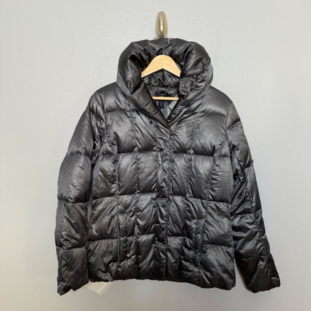LANDS' END gray metallic down puffer coat with shawl high collar size S - Picture 1 of 11